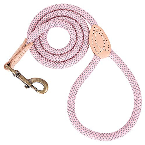 Mile High Life - Correa de cuerda de perro de 6 pies con punta de cuero genuino, correa de cuerda reflectante para perros medianos y grandes (rosa, 183 cm)