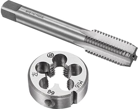 sourcing map Machos y Troqueles Juego, M16 x 2 Métrico Izquierda Mano Tornillo Rosca Fresado Recto Flauta Grifo con Redondo Enhebrado Troquel