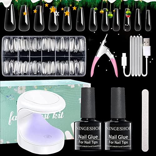 NINGESHOP Capsule Ongle Kit,Americaine, 600 Pcs De Longs Ongles à Presser Transparents, Mini Lampe UV, Colle à Ongles Pour L'extension D'ongles En Acrylique