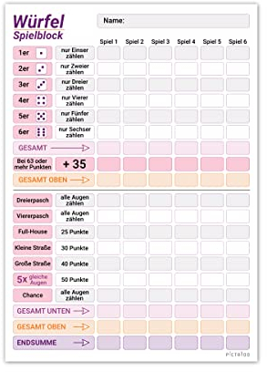 PICTALOO Würfelspiel Block DIN A5 in rosa lila, gut lesbar und übersichtlich gestaltet, moderner Ersatzblock, Spielblock groß, auch Senioren und Kinder geeignet, Würfel Spiel Set, Familienspiel (x1)