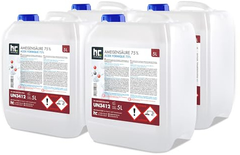 Höfer Chemie – 4 x 5L Ameisensäure 75% – Starker Entkalker & Reiniger für Imker, Leder, Kunststoffe & Edelsteine – Ideal zum Entkalken, Beizen & Imprägnieren – Methansäure, Formylsäure, Carbonsäure