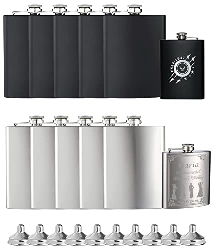 Creatorally Fiaschetta Tascabile, Fiaschette Tascabili Personalizzabile da 8oz, Acciaio Inossidabile e Nero Opaco 10 Pezzi, Incidibile Come Souvenir Nozze Portatile con Imbuto Uomini Donna, Whisky