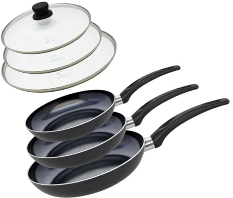 Elo 9808050 set med 3 aluminiumstekpannor och 3 glasgrilllock, alla spisar utom induktion, matlagningspanna, pannfri spis, aluminium, rostfritt stål, glas, plast, 32 x 5 cm