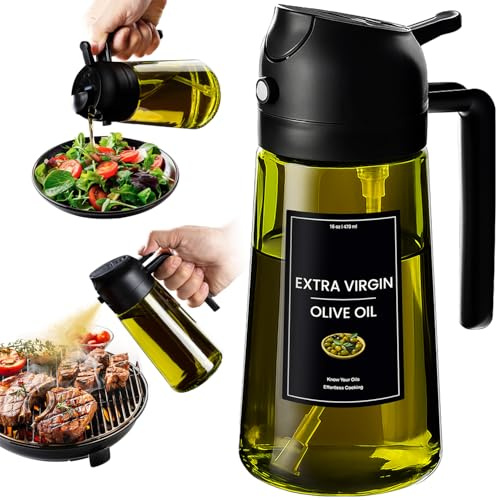 CXINYI - 16oz/470ml Olive Oil Dispenser for Kitchen with Stickers - 2 in 1 Olive Oil Sprayer for Cooking, Air Fryer, and Salad, Black (Light-Proof Kitchen Gadget)
