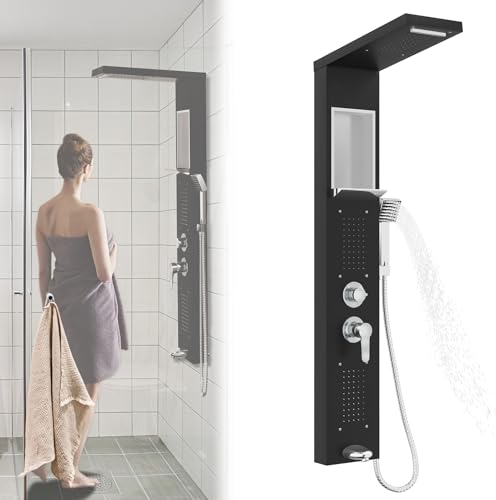 JNGLGO Pannello doccia in acciaio inox a 5 funzioni, sistema doccia a pioggia senza rubinetto, montaggio a parete, colonna doccia con doccetta, doccia a pioggia, doccia a getto e cascata per bagno,