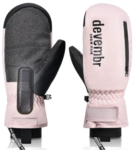devembr Ski Mittens with Wrist Guards and Undercuff Design, Snowboard Mittens Touchscreen, Pink, M