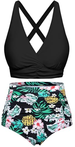 Voqeen Bikini med hög midja push-up baddräkt V-ringad korsade rynkade badkläder med magstöd, tvådelat badkläder, Svart-grön, XL