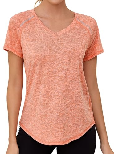 Gyabnw Women's UPF 50+ Sun Protection Workout Shirt V-Neck Gym Tops Reflective Strips Quick Dry Sports T-Shirt for Running Yoga Fitness Orange