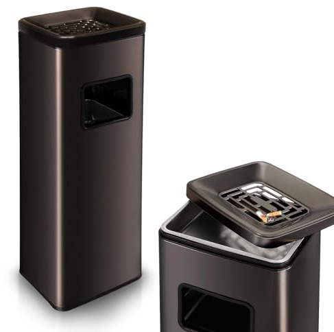 Qualiware Ashtray Dustbin Large Rubbish Waste Bin with Removal Lid Free Standing Stainless Steel Metal Indoor Outdoor for Home Garden Office Restaurant Pub