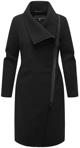 Navahoo Damen lange Übergangsjacke Mantel in Woll-Optik mit asymmetrischem Kragen und wasserdichtem Reißverschluss Samtrose 14 Black Gr. 3XL
