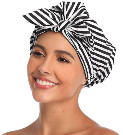 Flomiara Shower Cap for Women, Shower Hat, Waterproof Reusable Shower Caps, Waterproof Hair Shower Caps for Long, for Both Men Women, Silky Sleep Bathing Cap for Long Curly Hair, Design Black Dots