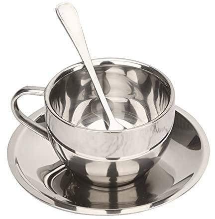GAOFESA Tazas de café expreso de acero inoxidable con doble aislamiento, con platillo y cuchara para leche caliente casera