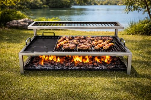 Griglia argentina di lusso con moduli in ferro rimovibili + piastra in ferro - Griglia in ferro argentina - BBQ Parrilla Asado. Sor Pampa Grill - Cod 10 (71,1 x 50,8 cm)