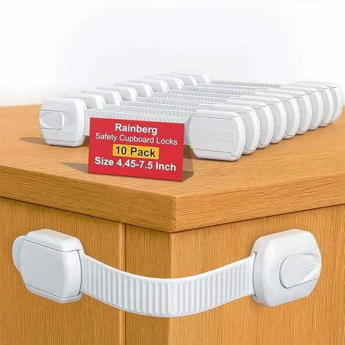 Rainberg 10 Pack Child Safety Cupboard Locks for Children, Adjustable Childproof Straps, White | 4.45 X 7.5inch Length | No-Tools Installation | Baby Cupboard Safety Locks for Drawers, Appliances
