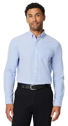 Amazon Essentials Camicia Oxford con Tasca a Maniche Lunghe dalla vestibilità Aderente Uomo, Blu, L