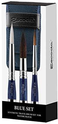 ESCODA Set 3 Aquarellpinsel - Reiseset Blue Nr. 6, Nr. 10, Nr. 16 Rund Spitz Kunsthaar Serie Prado Perla Último Stoffetui Blau Profesionell Handgefertigt in Barcelona.