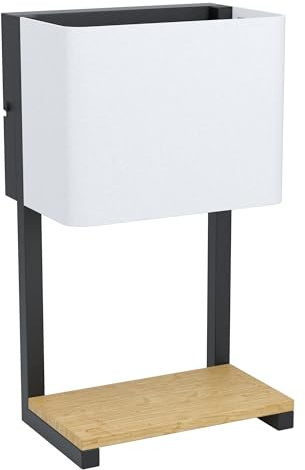 Eglo LED aplique Galdakao, 1 luz con estante, foco de pared vintage para interior, acero, madera y textil, lámpara para salón y pasillo en negro, natural y blanco, con interruptor
