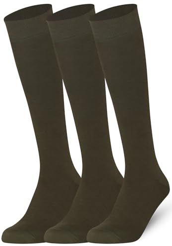 Mysocks Calzini alti al ginocchio, in cotone pettinato, punta intrecciata a mano, 3 paia in una scatola, 3 paia tinta unita kaki, 8-11
