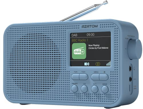 DAB/DAB+ & FM Portable Radio | Large Display | Bluetooth 5.3 | 2200mAh Rechargeable Battery Built-in | Dual Alarms & Sleep Timer | Perfect for Home, Office or Outdoors | AZATOM Aspire G2 (Blue)