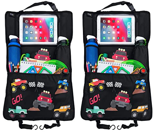 HECKBO 2x Protezione schienale sedile auto bambini con organizer e tasca tablet regolabile – Monster Truck – 70x45 cm + portabibite + rete portaoggetti
