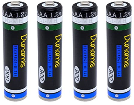 4pk Dunamis 1.2v AAA 900mAh NiMH Rechargeable Batteries - HIGH CAPACITY Suitable for Cordless Phones, Bluetooth Headsets, Solar lights & High Drain Devices etc.(AAA 900mAh, 4 Pack)