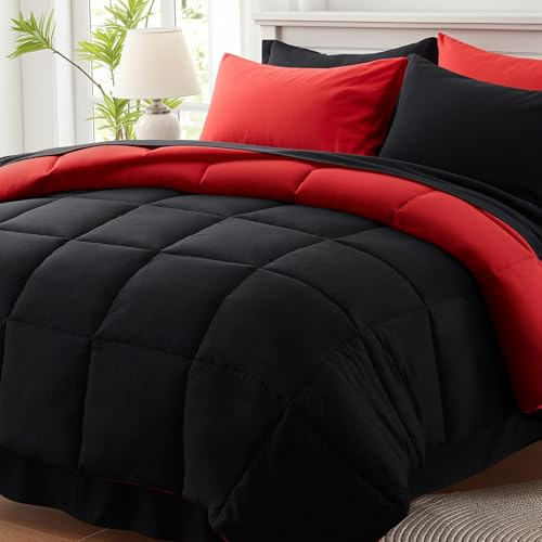 Anluoer Queen påslakanset i 7 delar, vändbar säng i en väska, queen size, lätt bäddset med 1 täcke (223 cm x 223 cm), 2 örngott, 2 örngott, 1 lakan, 1 dra-på-lakan, rött och svart