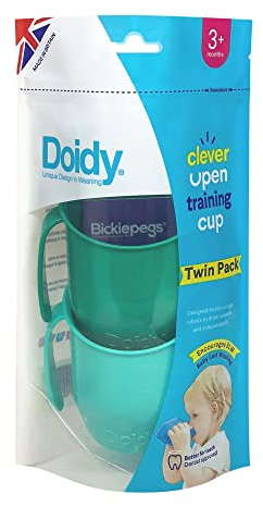 Doidy Trinkbecher für Kleinkinder und Babys, einzigartiges schräges Design, zwei Griffe, toller Entwöhnungsbecher für Milch, Wasser, 3–6 Monate für Kleinkinder, Grün und Türkis, Doppelpack