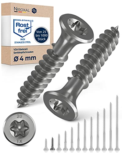 Schrauben Torx Edelstahlschrauben 4x20 Edelstahl V2A rostfrei Spanplattenschrauben für Holz Vollgewinde 4mm stark 20mm lang 100 Stück rostfreie Holzschraube A2