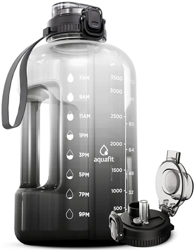 AQUAFIT 4 Litre Water Bottle with Straw - Water Bottle 4L with Time Marker - One Gallon Big Bottle with Straw - Large Bottle For Gym - 2-in-1 Lid, Grey Fade