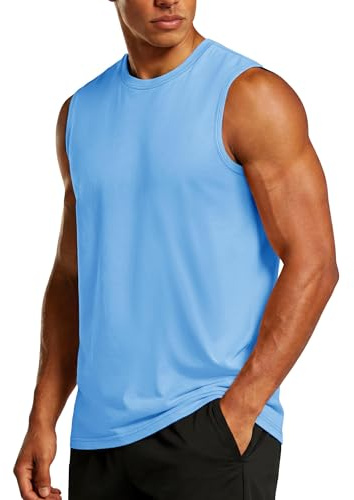 TACVASEN Men's Sleeveless Shirts Cotton Breathable Gym Fitness Vest Moisture Wicking Training Running Workout Tank Tops Azure, 2XL