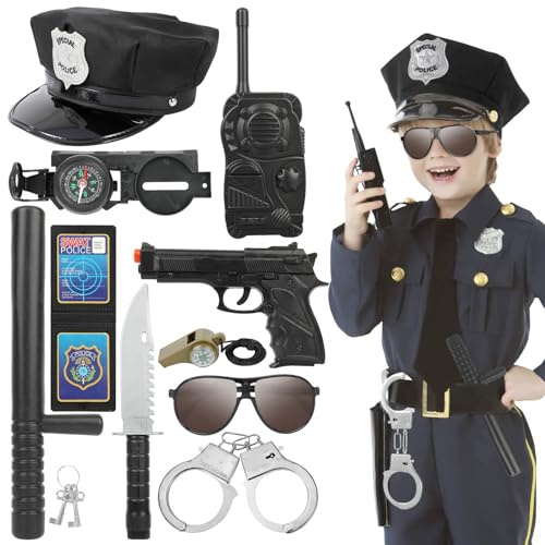 Hifot 9 piezas Accesorios Disfraz Policia Niño, Gorra Policia HandcuffsWalkie Talkie Policía Esposas Gafas de sol Policía Juguete Kit Infantil de Imitación para Niños Halloween Fiesta Carnaval
