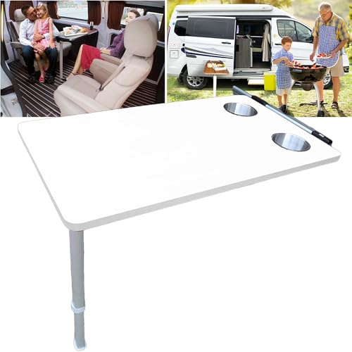aallwwsso RV's Klapptisch mit Upgrade ausziehbarem Tischbein + 2 Cup Slots, Inneneinrichtung für Wohnmobile, Boote, Wohnwagen, Vans, Wohnmobile, 79×39cm,White