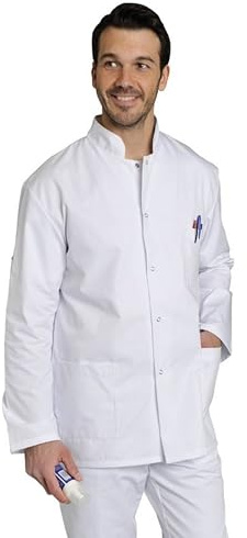 Blouse Veste médicale Homme Manche Longue réglable col Officier 3 Poches Dont 1 Poitrine Tunique médicale en Polyester Coton (Blanc L)