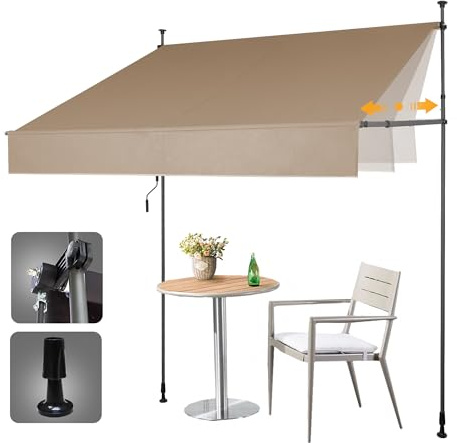 HOMEDEMO Store de balcon sans perçage - 150 cm x (120-150) cm - Kaki - Brevet avec barres latérales rétractables prolongées - Résistant aux UV - Réglable en hauteur - Protection solaire