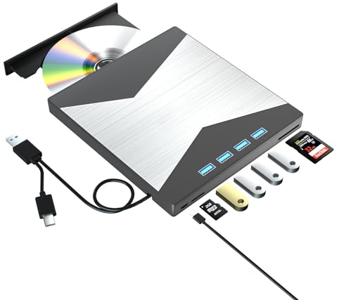 Lecteurs Blu-Ray externes, graveur Portable Blu Ray 4K USB 3.0 Type-C UHD BD Lecteur avec Port SD/TF, graveur de CD/DVD R/W 3D, Lecteur Blu-Ray Externe 4K Compatible avec Ordinateur Portable Windows