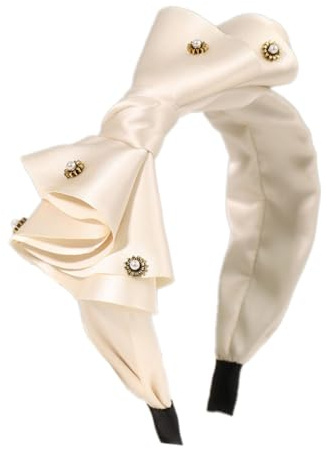 Blausky Cerchietto per capelli in raso, tinta unita, con grande fiocco, ampio cerchietto per capelli, antiscivolo, alla moda, da donna, largo, retrò, per cosmetici da donna, colore bianco