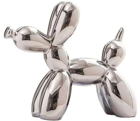 Elektropläterad ballong hund skulptur prydnad spegel glans keramiskt material | Skinande yta, födelsedagspresent inflyttningspresent, staty för kontor vardagsrum sovrum och hylldekor, 22 x 18 x 8 cm silver