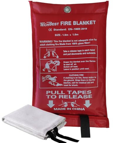 TechBest Couverture Anti-Incendie - Fibre de Verre pour urgences, pour la Survie. Protéction Ignifuge, Isolation Thermique. Taille 1m x 1m. Utilisable en Cuisine, Barbecue, Voiture, Camping.