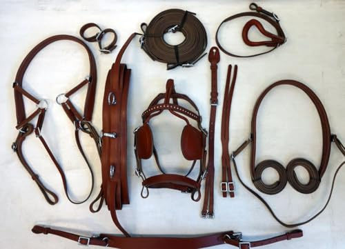 Premium Nylon Horse Cart Driving Harness Set, Complete Equestrian Tack with Reins and Bridle Pony, Cob, Full & Shetland Brown (Pony)