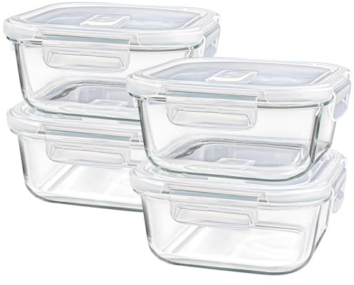 Susukkie Square Glass Containers with Lids 24oz - Borosilicate Glass Food Storage Set 3 Cup, Freezer Safe Meal Prep Containers, Sandwich Lunch Box, Yogurt Cereal Bowls with Vented Lids BPA Free 4 Pack