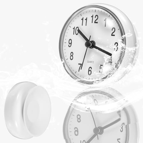 Waterproof Shower Clock, Shower Timer with Strong Suction Cup Design, White Bathroom Clocks for Home Bathrooms Toilets Kitchens Hotels, Easy Reading Bathroom Wall Clock with Hour and Minute Hands