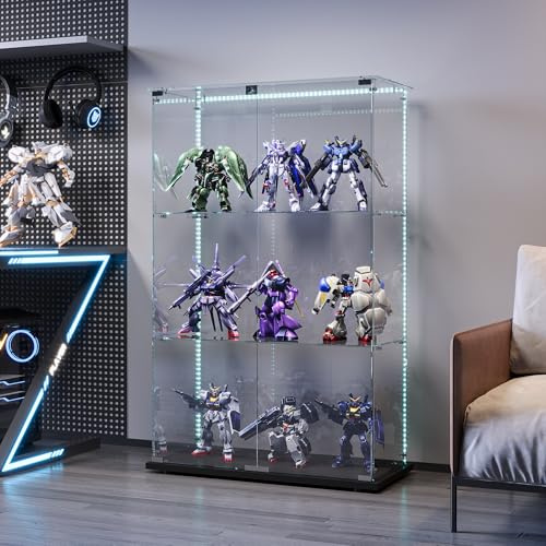Vitrine sur pied en verre - Vitrine sur pied avec LED - 3 couches - Vitrine en verre - 2 portes et serrure - Noir - 3 étages, 2 portes + LED-2