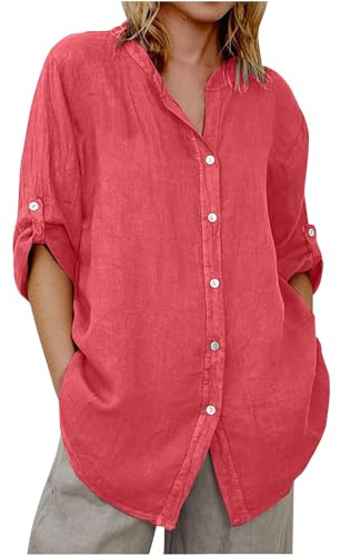 Uwdiohq Haut Femme Chemisier Femme Grande Taille Blouse Manche Longue Chemise Ete Blanche Courte Flanelle en Lin Jean Legere Chemise+Coton Manches+Longues Manches Courtes 3/4 Uni