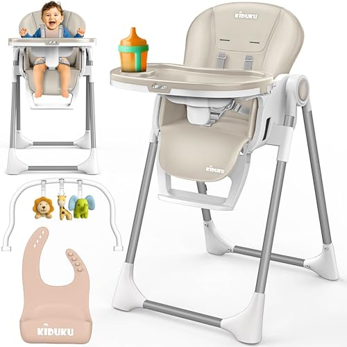 KIDUKU® Trona Bebé 3 en 1 Reclinable para Recién Nacido | Trona Infantil Plegable con Arco de Juego | Silla Evolutiva Altura Ajustable 7 Niveles | Crece con el Bebé 0-36 Meses (Beige)