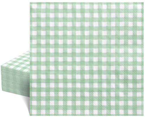 40 Pcs Sage Green Gingham Napkins 6.5 Inch Plaid Napkin 2 ply Green and White Paper Napkins Easter Napkin for Wedding, Baby Shower, Picnic, Birthday