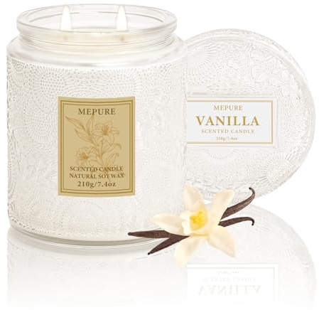 Vanilla Soy Wax Scented Candle, 210g Hand-Poured Candle with Double Cotton Wicks, Warm Sweet & Creamy Scent, Medium Strength, Clean-Burning Glass Jar Candle for Relaxation & Gifting