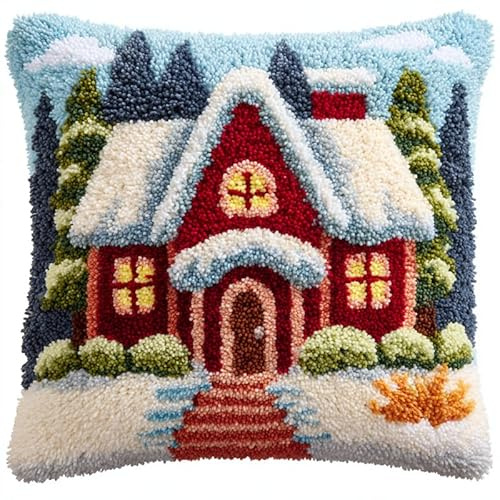 WallustrioaW DIY Latch Hook Kit cuscino,Casa di campagna di Natale,cuscini all'uncinetto kit per la creazione di tappeti,Gancio Di Chiusura Per Adulti,43x43cm