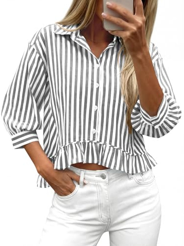 PRETTYGARDEN Collared V Neck 3/4 Length Sleeve Womens Tops Casual Striped Ruffle Button Down Shirts for Women Trendy Blouses (White Black Striped, Large)