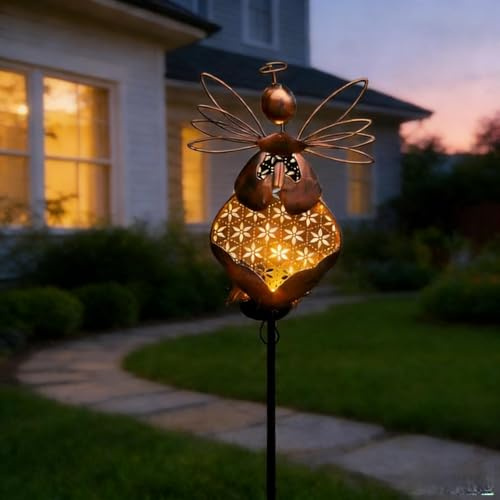 Solar Angel Stake Light, Outdoor Metal Angel Ornaments for Garden Yard Lawn Cemetary Grave Decorations, Birthday Gifts for Women Mom Grandma, Memory & Sympathy Gifts for Loss of Loved One (Bronze-A)