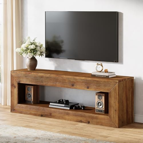 TRIBEWOOD Mobile TV in Legno Massello, Tavolino Porta TV fino a 55 Pollici, Supporto TV Rustico con Ripiani, Console TV Bassa per Soggiorno e Camera da Letto, Marrone Vintage, 120 x 30 x 45 cm